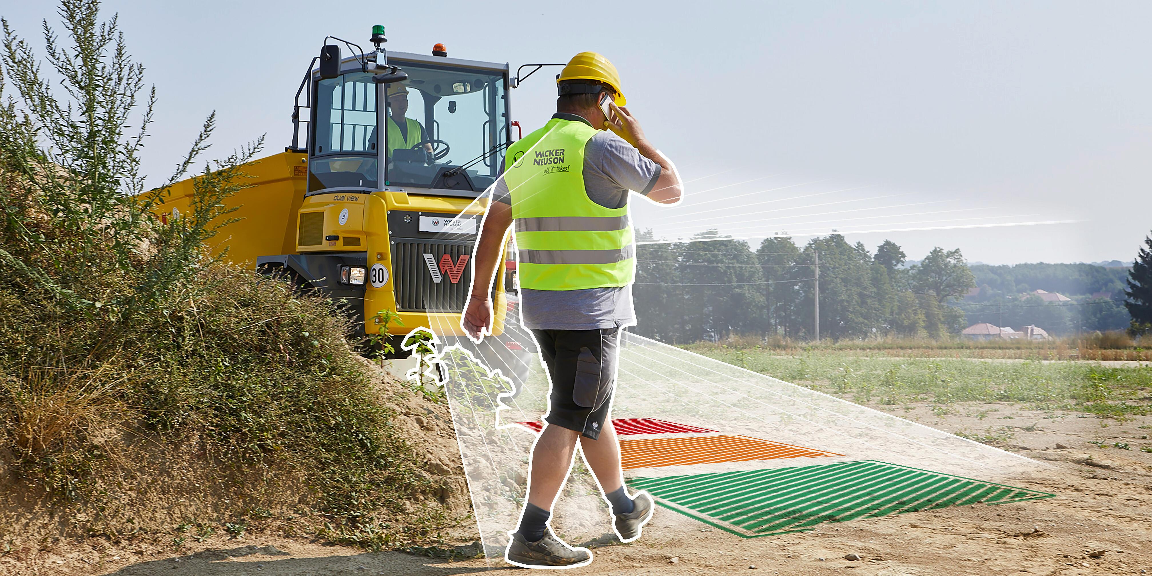 man walking in front of dumper. presentation of Object detection for dumpers