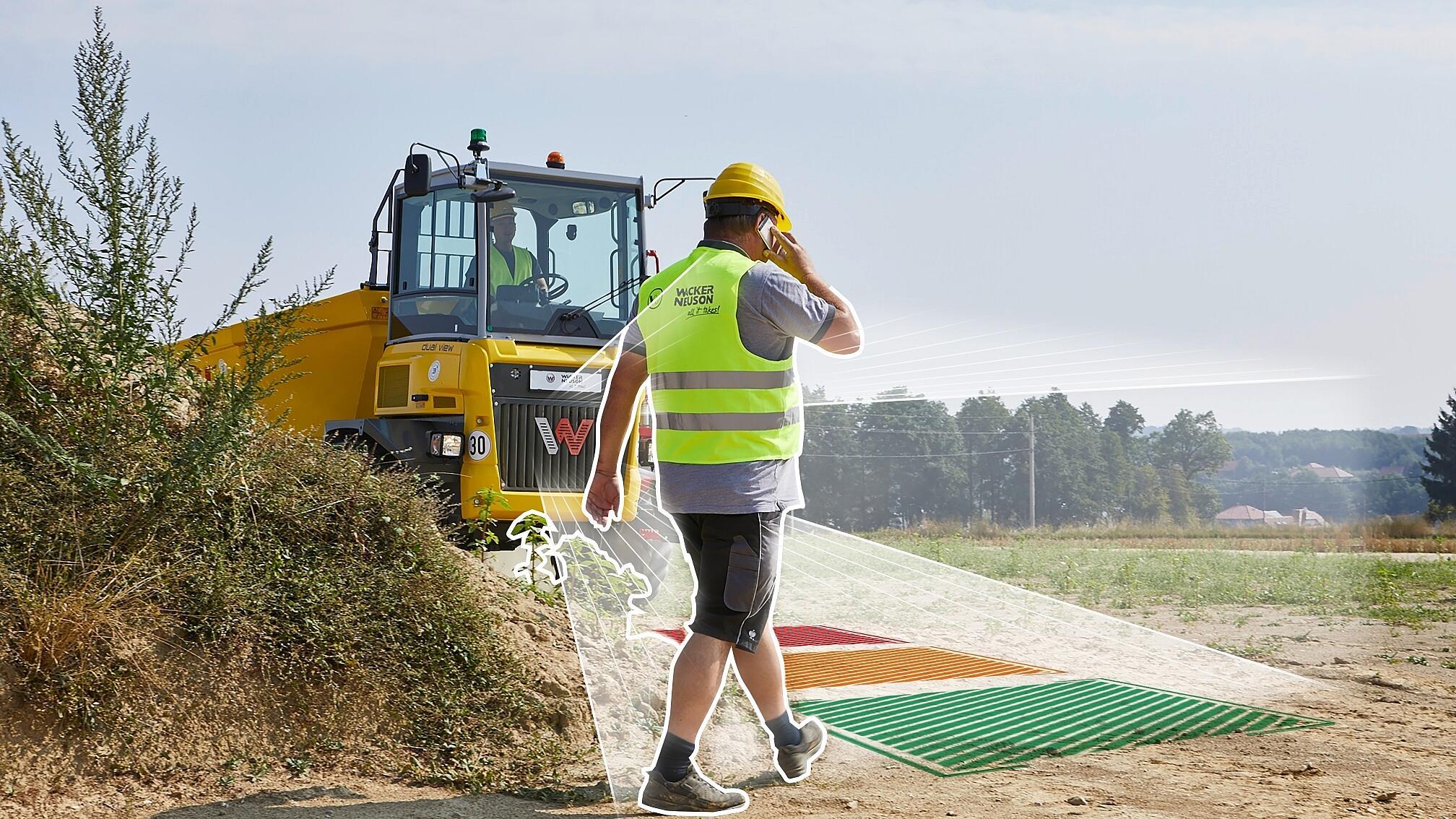 dumper with active sense control (object detection) recognizes man in front of dumper