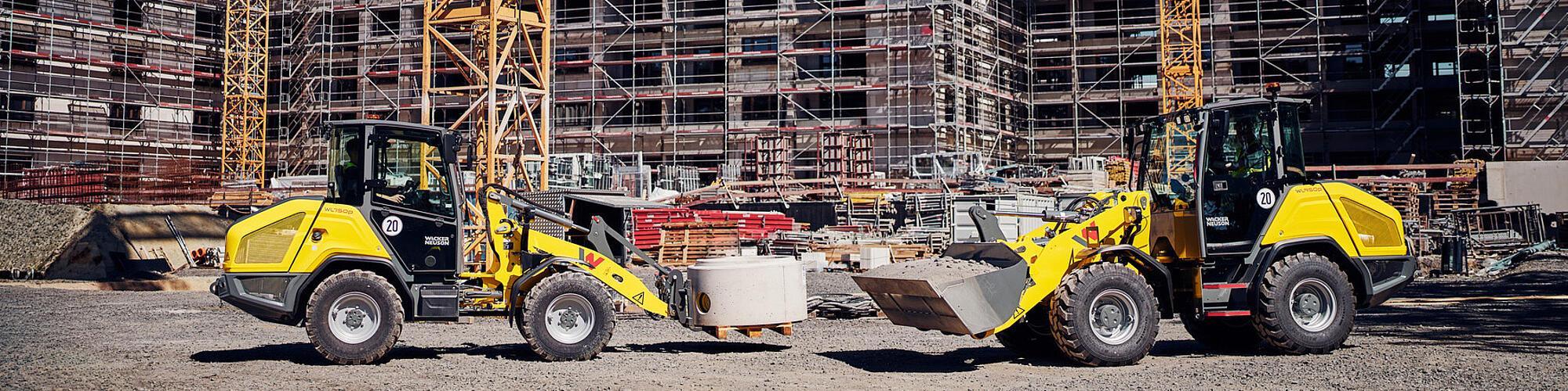 Le pale gommate ad alte prestazioni Wacker Neuson WL750p e WL950p in azione in un cantiere.